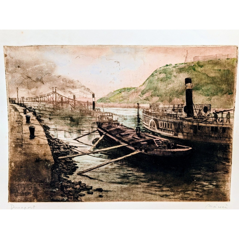 VTG Dunaport Hand Colored Signed Etching Hungarian Steamboat Harbor Art Print